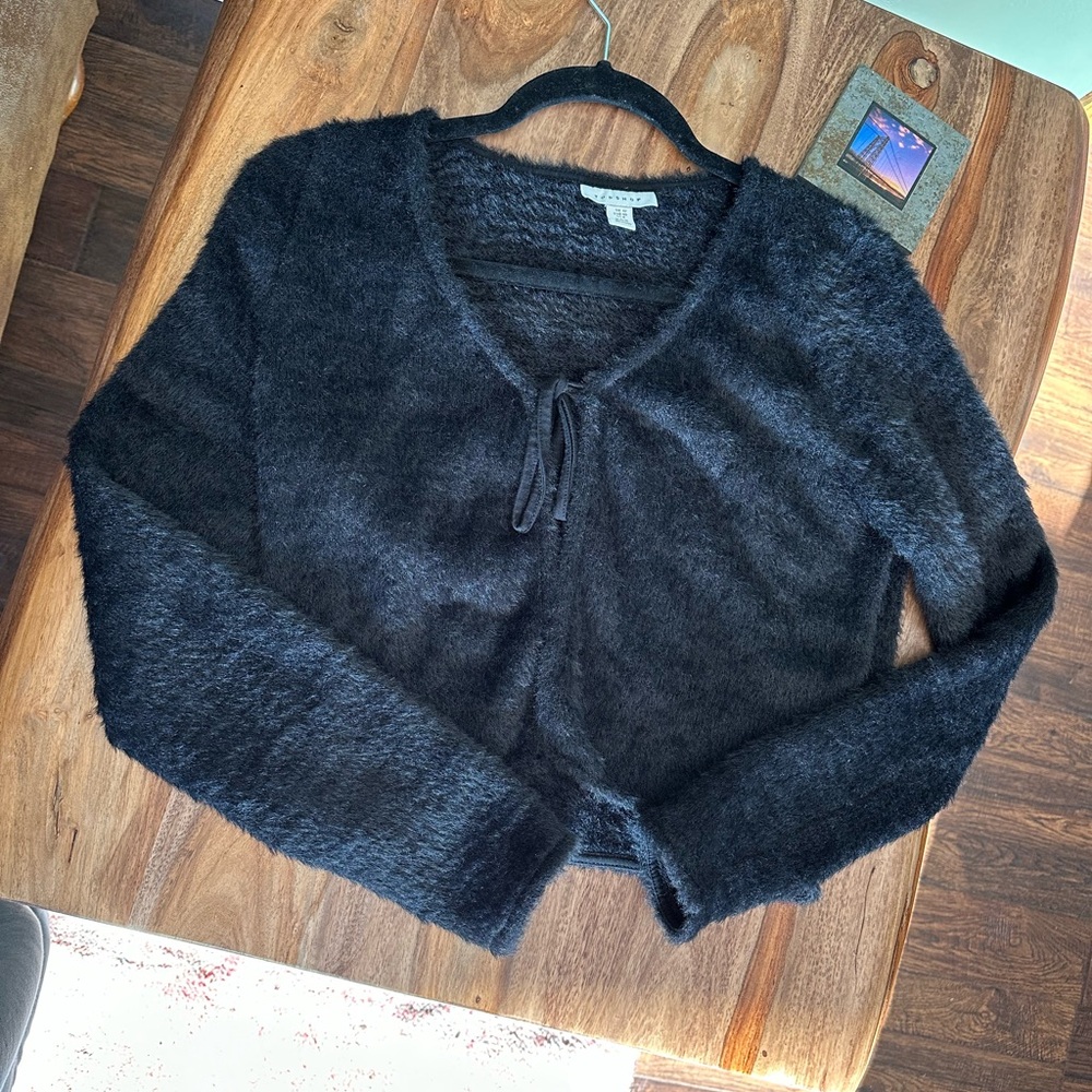 Topshop Tie Front fuzzy copped Black Cardigan nwot size 8 NORDSTROM